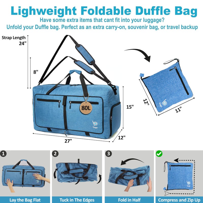 Bago Large Foldable Duffel Bags for Traveling Women & Men - 80L Packable Duffle Bag for Travel with Shoe Compartment - Water Repellant, Heavy Duty, Lightweight Folding & Collapsible (SnowBlue) - Image 3